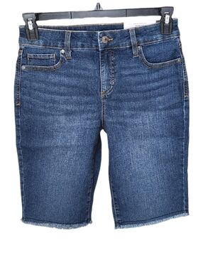 Style & Co Petite Women's Mid-rise Bermuda 11" Denim Shorts Fray Hem Blue 6P